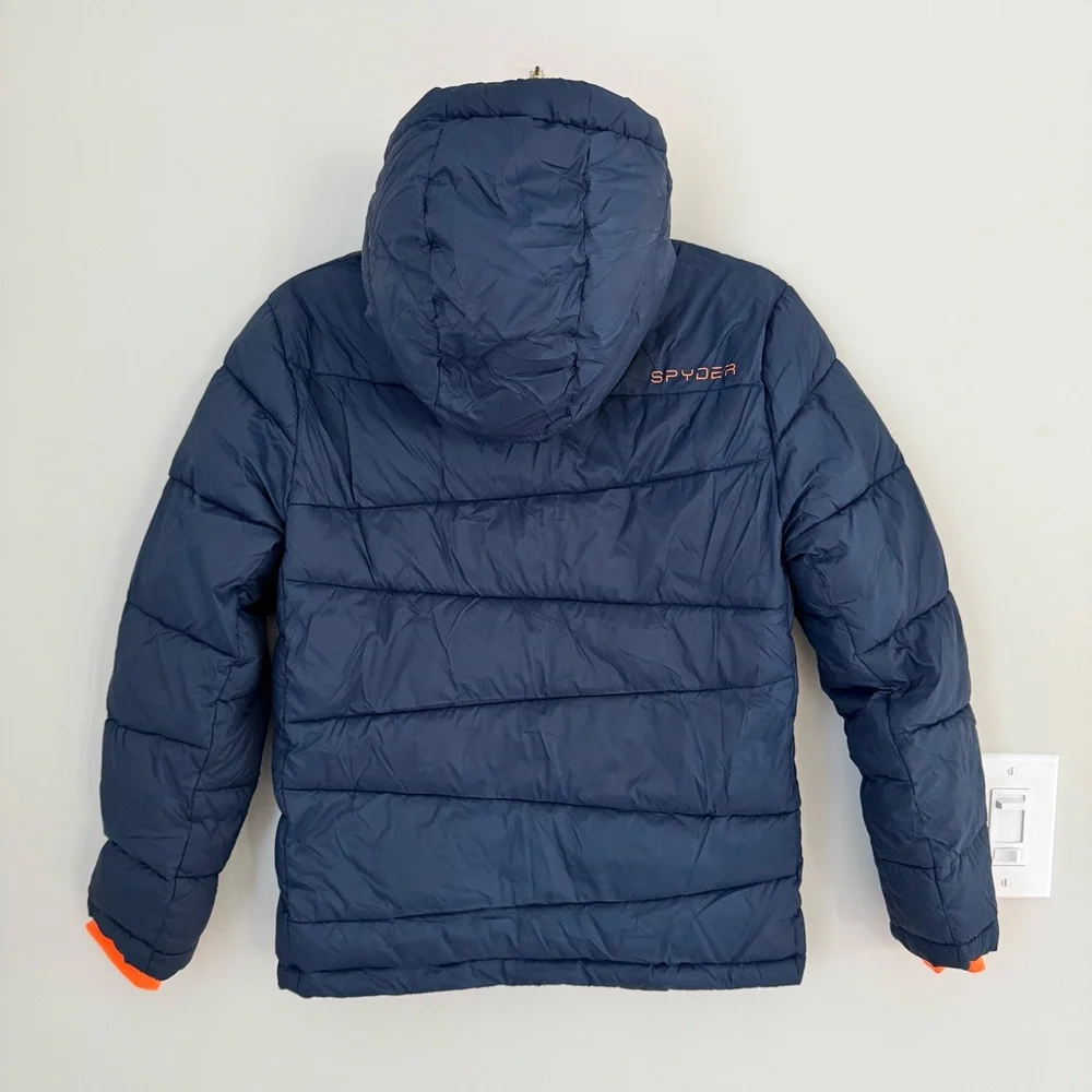 Spyder boys water resistant hooded nexus puffer jacket navy orange size M 10/12
